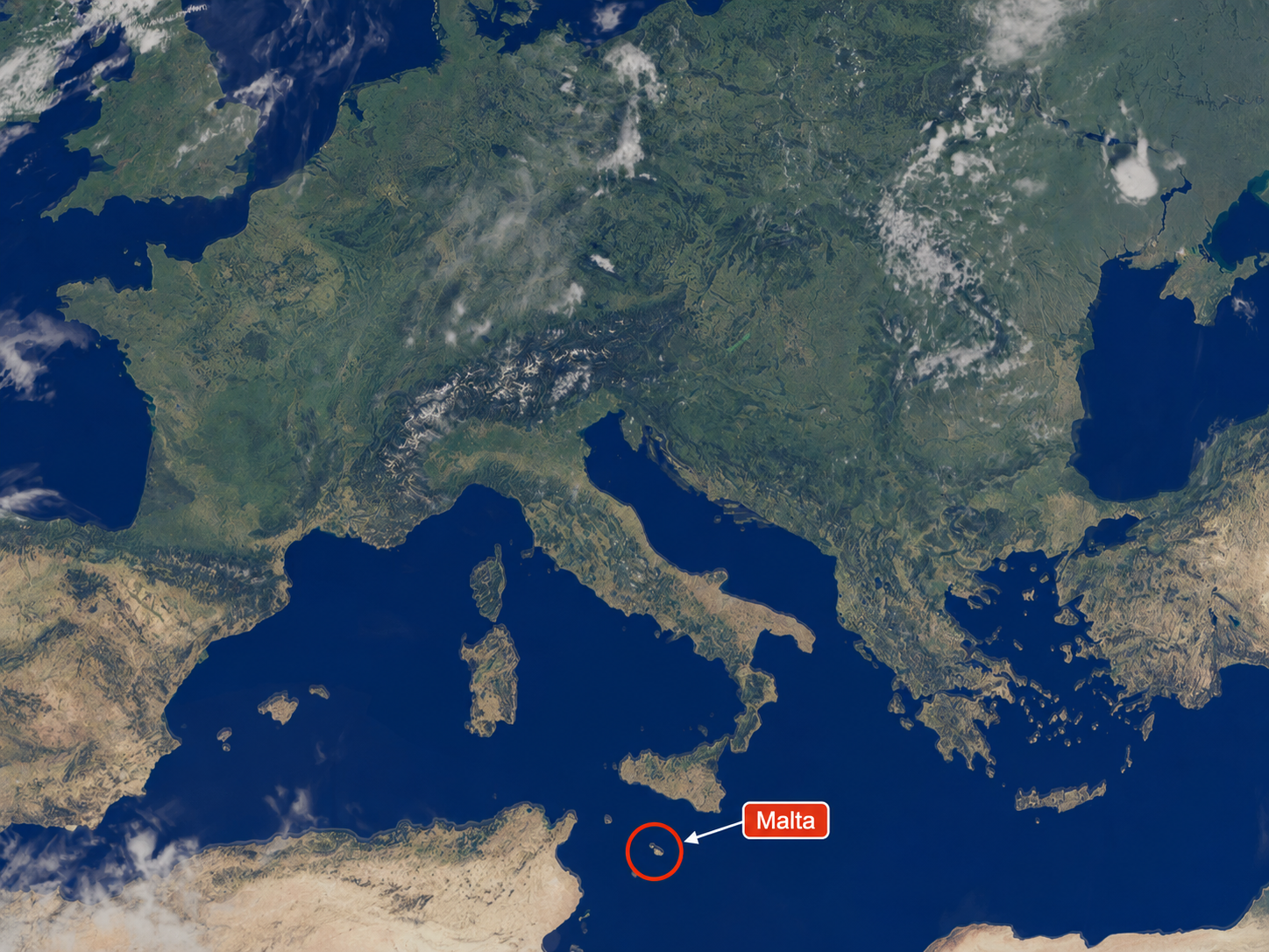 Map showing Malta located in the Mediterranean Sea south of Sicily and east of Tunisia