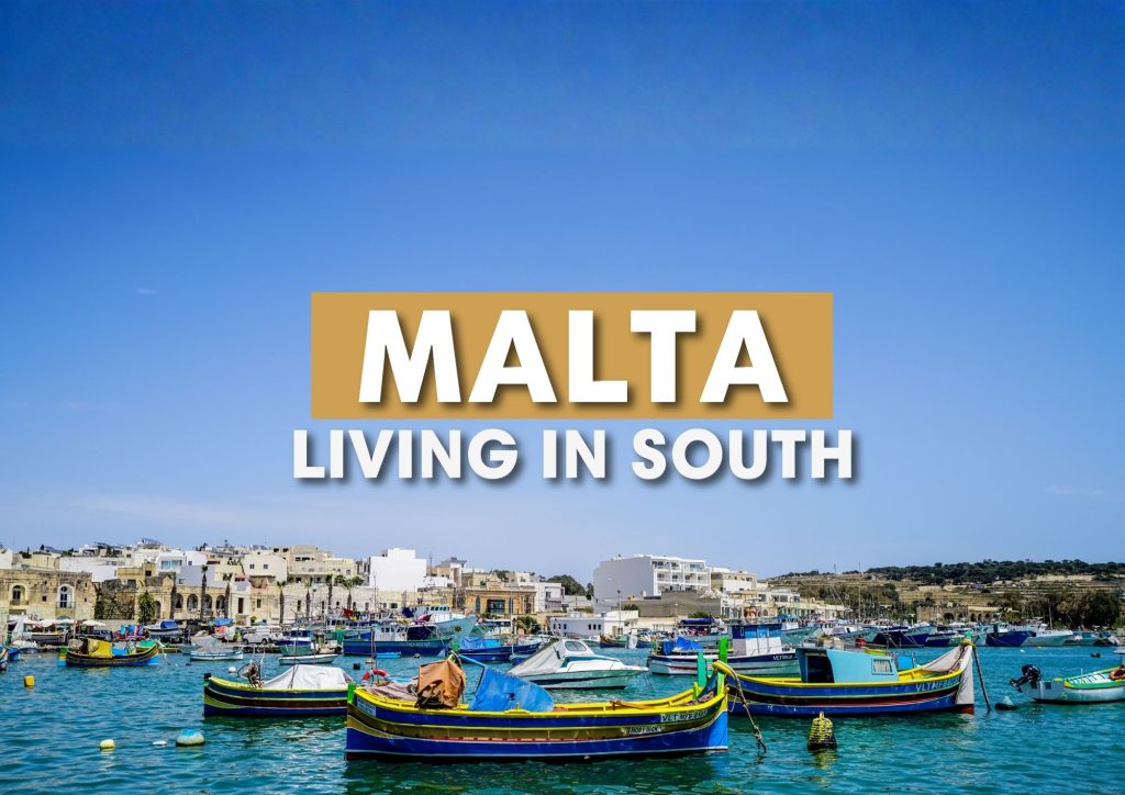 Marsaxlokk harbour with traditional fishing boats for a blog about living in the south of Malta
