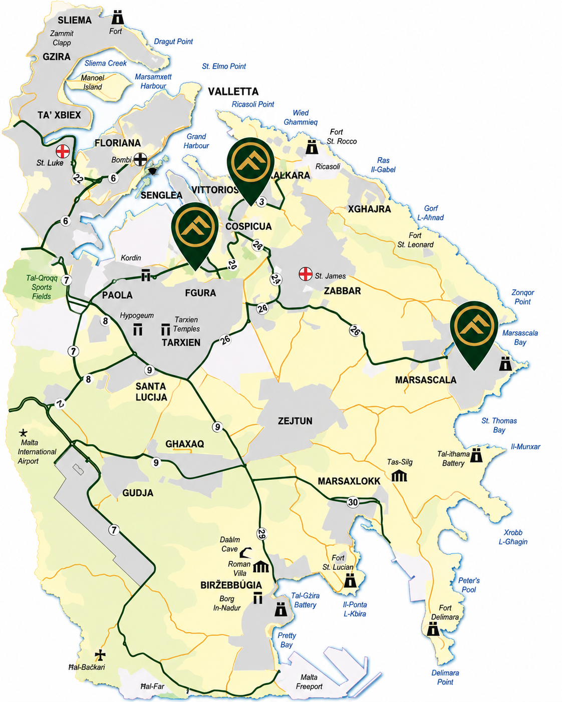 Map showing Frank Salt Real Estate branches in Marsascala, Fgura and Cospicua