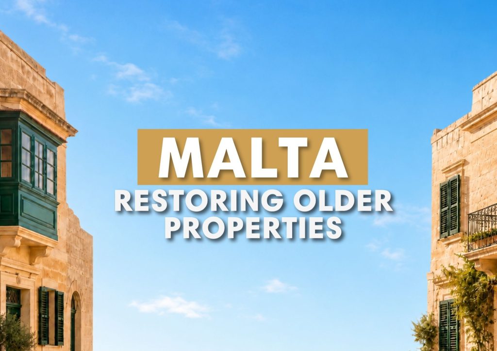 Restoring older properties in Malta blog thumbnail with traditional Maltese buildings and blue sky